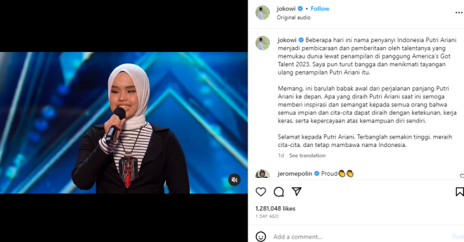 Jokowi Apresiasi Pencapaian Putri Ariani, “Terbanglah Tinggi…”